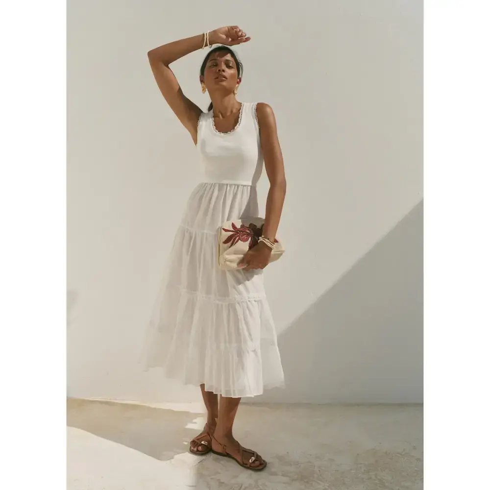 【新品未使用】frilly tiered dress（ivory） Mint Velvet White Crochet Trim Tiered Midi Dres | Jarrolds, Norwich